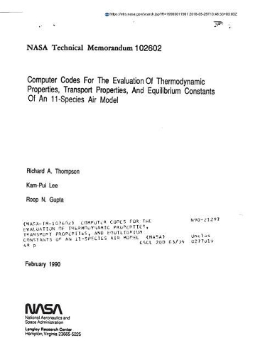 Computer Codes for the Evaluation of Thermodynamic Properties, Transport Properties, and Equilibrium Constants of an 11-Species Air Model
