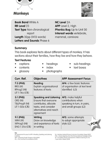 BC NF White A/2A Monkeys Guided Reading Card