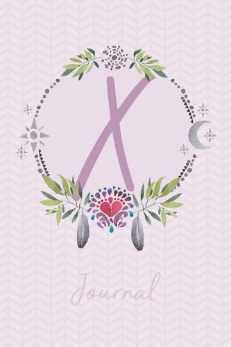 Beautiful Bohemian Style Journal with Initial: Boho Journal with Leaves, Feathers and Moon - Initial 'X'