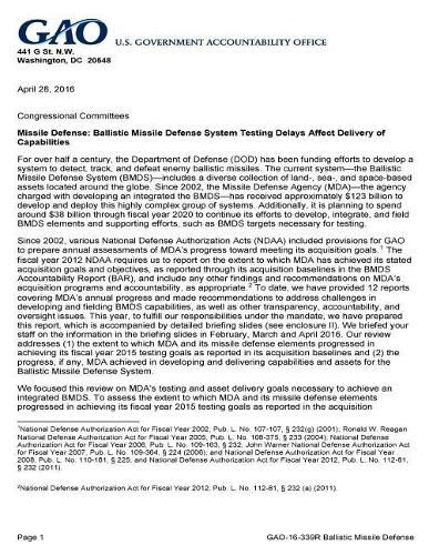 Gao-16-339r, Missile Defense