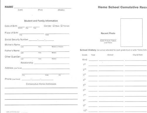 Homeschool Cumulative Record: Single Card