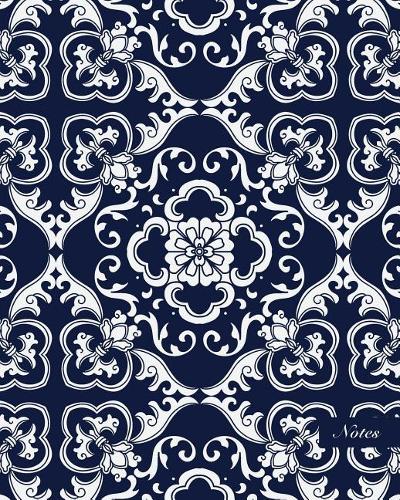 Notes: 8"x10" Unruled Blank Notebook Seamless Oriental China Porcelain Spiral Curve Cross Vine Frame Flower Pattern Cover. Matte Softcover Note Book Journa