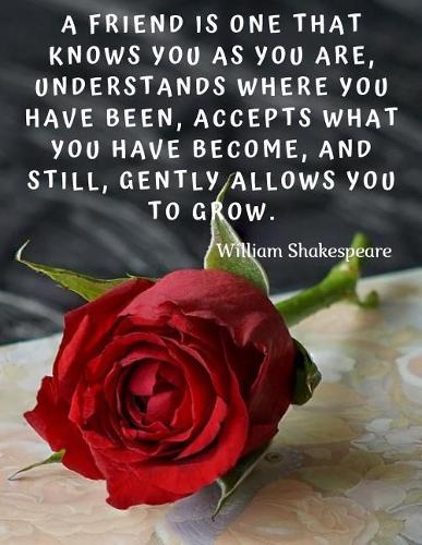 A friend is one that knows you as you are, understands where you have been, accepts what you have become, and still, gently allows you to grow.