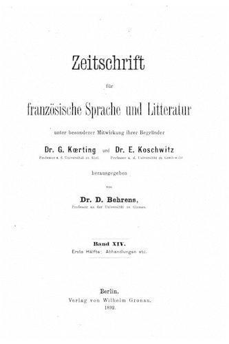 Zeitschrift Für Französische Sprache Und Literatur: (German)