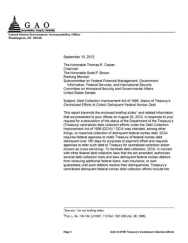Debt Collection Improvement Act of 1996: Status of Treasury's Centralized Efforts to Collect Delinquent Federal Nontax Debt
