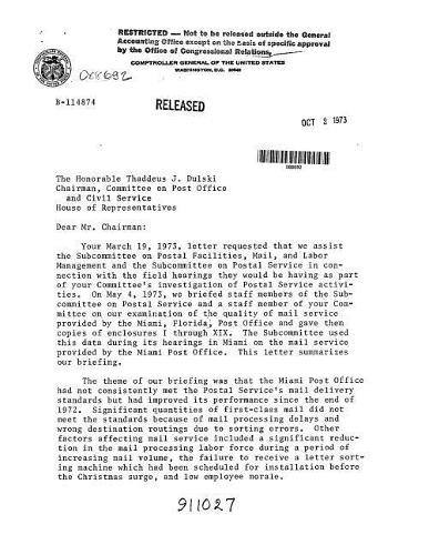 Quality of Mail Service Provided by the Miami Post Office, Florida