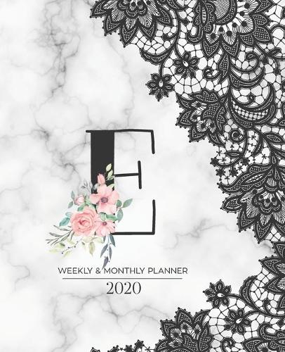 Weekly & Monthly Planner 2020 E: Black Lace Marble Monogram Letter E with Pink Flowers (7.5 x 9.25 in) Horizontal at a glance Personalized Planner for Women Moms Girls and School