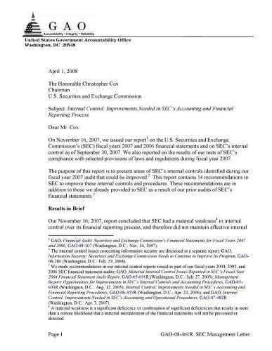 Internal Control: Improvements Needed in Sec's Accounting and Financial Reporting Process