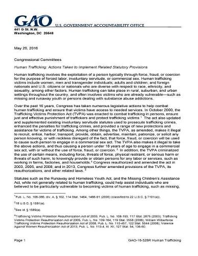 Human Trafficking: Actions Taken to Implement Related Statutory Provisions