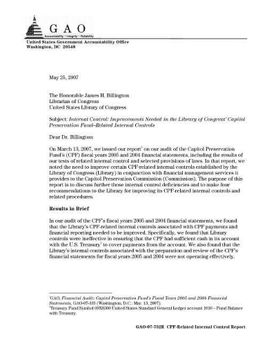 Internal Control: Improvements Needed in the Library of Congress' Capitol Preservation Fund-Related Internal Controls