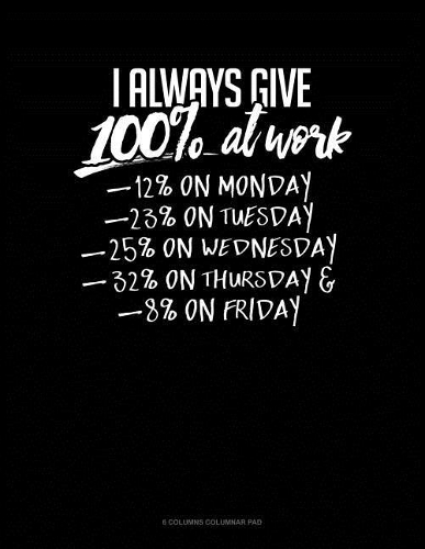 I Always Give 100% At Work 12% On Monday 23% On Tuesday 25% On Wednesday 32% On Thursday And 8% On Friday: 6 Columns Columnar Pad(390 6 Columns Columnar Pad)