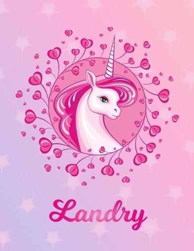 Landry: Unicorn Large Blank Primary Handwriting Learn to Write Practice Paper for Girls - Pink Purple Magical Horse Personalized Letter L Initial Custom Fir