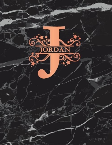Jordan: Personalized Dot Grid Bullet Notebook for Women or Girls. Monogram Initial J. Black Marble & Rose Gold Cover. 8.5 x 11 110 Pages Dotted Journal Diar