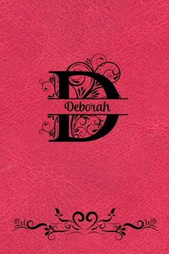 Split Letter Personalized Journal - Deborah: Elegant Flourish Capital Letter on Red Leather Look Background