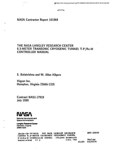 The NASA Langley Research Center 0.3-Meter Transonic Cryogenic Tunnel T-P/Re-M Controller Manual