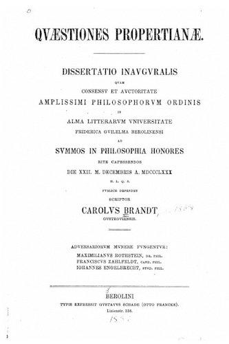 Quaestiones Propertianae, Dissertatio inauguralis
