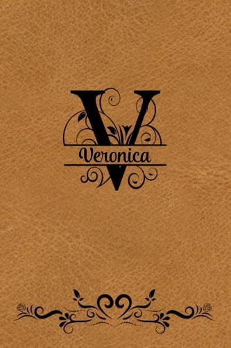 Split Letter Personalized Name Journal - Veronica: Elegant Flourish Capital Letter on LT Brown Leather Look Background