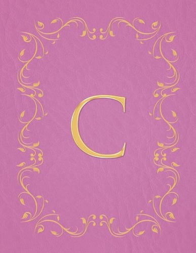 C: Modern, stylish, capital letter monogram ruled composition notebook with gold leaf decorative border and baby pink leather effect. Pretty with a des