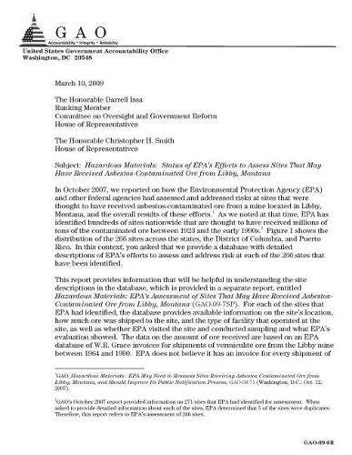 Hazardous Materials: Status of Epa's Efforts to Assess Sites That May Have Received Asbestos-Contaminated Ore from Libby, Montana