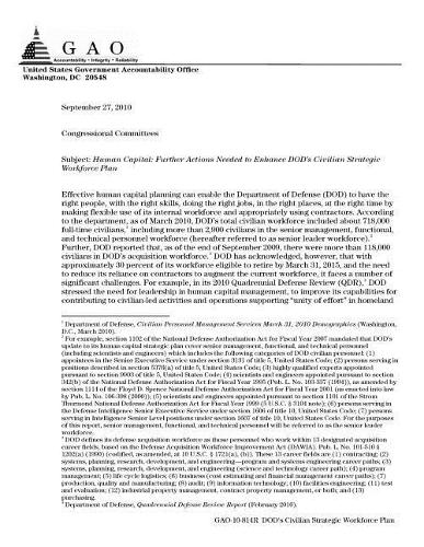 Human Capital: Further Actions Needed to Enhance Dod's Civilian Strategic Workforce Plan