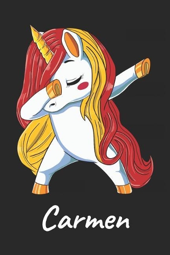Carmen: Cuaderno de notas blanko para niña y mujer con nombre personalizado y diseño de kawaii cuaderno unicornio bailarin con pelo en los colores de la ban