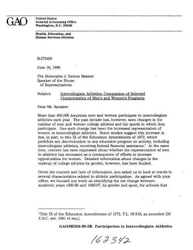 Intercollegiate Athletics: Comparison of Selected Characteristics for Men's and Women's Programs