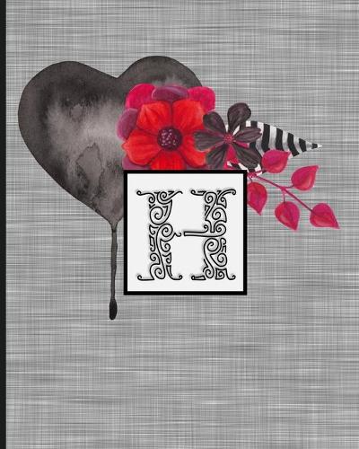 H: Monogram Initial Letter "H" Lined Journal - Black Heart Gray with Gothic Floral Design