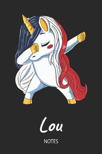 Lou - Notes: Noms Personnalisé Carnet de notes / Journal pour les filles et les femmes. Licorne qui dab aux cheveux aux couleurs du drapeau français. Accessoires
