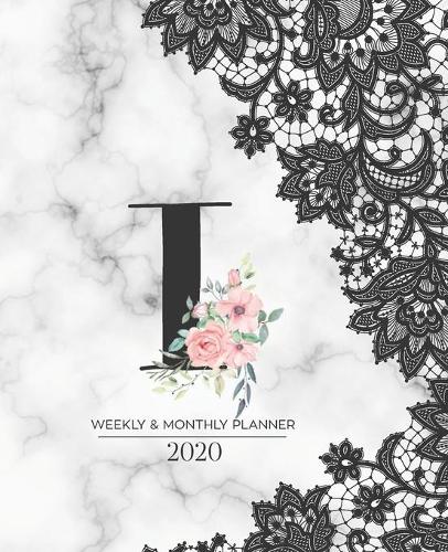 Weekly & Monthly Planner 2020 I: Black Lace Marble Monogram Letter I with Pink Flowers (7.5 x 9.25 in) Vertical at a glance Personalized Planner for Women Moms Girls and School