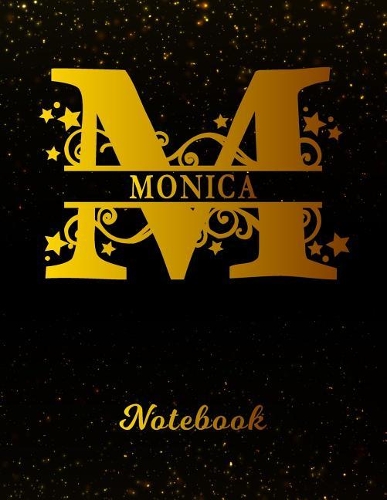 Monica Notebook: Letter M Personalized First Name Personal Writing Notepad Journal Black Gold Glittery Pattern Effect Cover College Ruled Lined Paper for Journalists