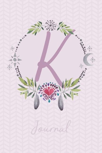 Beautiful Bohemian Style Journal with Initial: Boho Journal with Leaves, Feathers and Moon - Initial 'K'