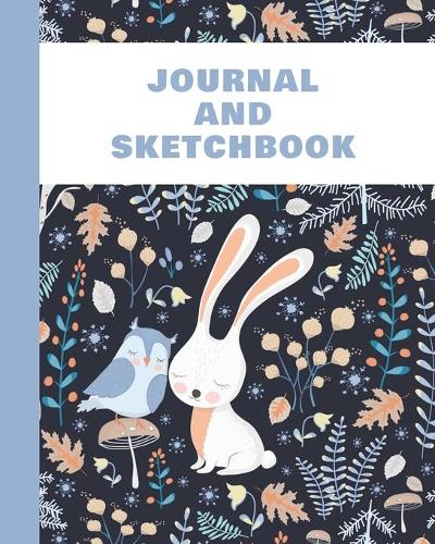 Journal and Sketchbook: Half Blank Half Lined Paper Notebook - Whimsical Bunny and Owl Friends Woodland Forest Cover Design in Blue