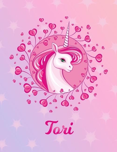 Tori: Unicorn Large Blank Primary Handwriting Learn to Write Practice Paper for Girls - Pink Purple Magical Horse Personalized Letter T Initial Custom Fir