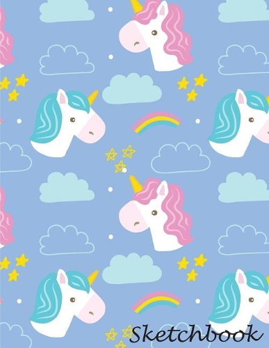 Sketchbook: Pink Unicorn on a blue pattern Sketchbook For Girls, 8.5" x 11", 110 Pages, Large Blank for note, drawing list idea