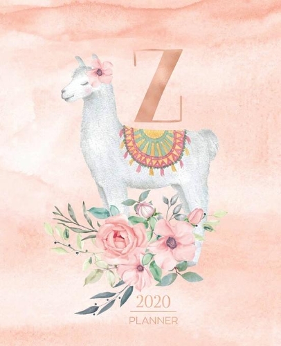 2020 Planner Z: Llama Rose Gold Monogram Letter Z with Pink Flowers (7.5 x 9.25 in) Horizontal at a glance Personalized Planner for Women Moms Girls and School