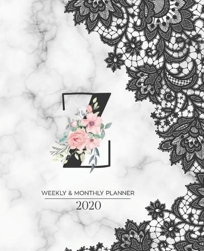 Weekly & Monthly Planner 2020 Z: Black Lace Marble Monogram Letter Z with Pink Flowers (7.5 x 9.25 in) Horizontal at a glance Personalized Planner for Women Moms Girls and School