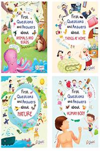 Set of 4 First Questions and Answers Board Books including Human Body, Things at Home, Nature and Animals & Birds