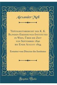 ThÃ¤tigkeitsbericht Des K. K. Blinden-Erziehungs-Institutes in Wien, Ã?ber Die Zeit Von September 1890 Bis Ende August 1894: Erstattet Vom Director Des Institutes (Classic Reprint)