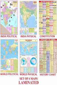 Hivex Publication India & World Map ( Both Political & Physical ) With Indian Constitution And Indian History Chart | Laminated | Combo Of 6 Maps & Charts | Use For Exams Preparation Such As Upsc , Ssc , Ies