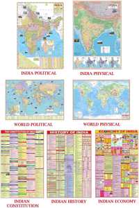 India & World Map ( Both Political & Physical ) With Constitution Of India Chart , History & Economy Of India Chart | Set Of 7 | Use For Preparation Of Upsc, Uppsc, Ssc, Ies, Rrb , Etc Exams