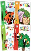 Set of 4 Brain Booster Wipe & Clean Activity Books including Look & Find, Mazes, Spot the Difference and Brain Booster Activities with Free Pens