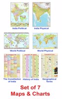 India & World Map ( Both Political & Physical ) With Constitution Of India Chart, History Of India Chart & Geography Terms Chart | Set Of 7 | Useful For Upsc And Other Exams | By Vcp